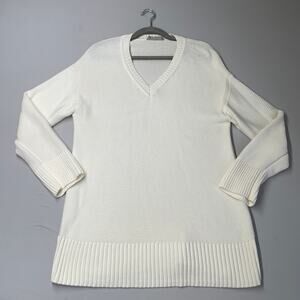 Everlane Women Sweater M White Cotton Knit Deep Vneck Long Neutral Long Sleeve